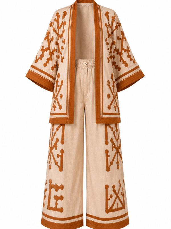 Ensemble YOMINE – Kimono & Pantalon Palazzo Terracotta